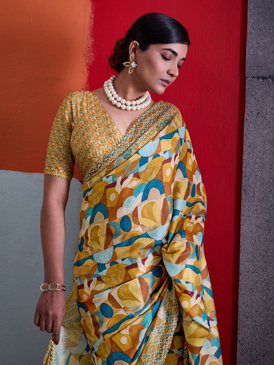 Mustard Cotton Crepe Geometrical Printed Saree