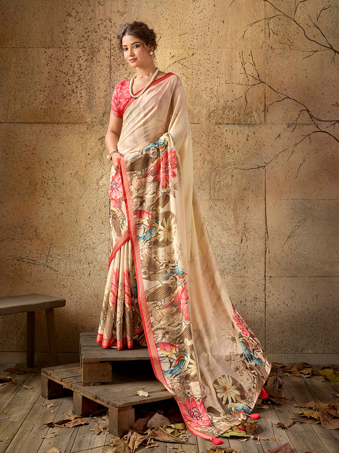 Beige Georgette Floral Printed Saree
