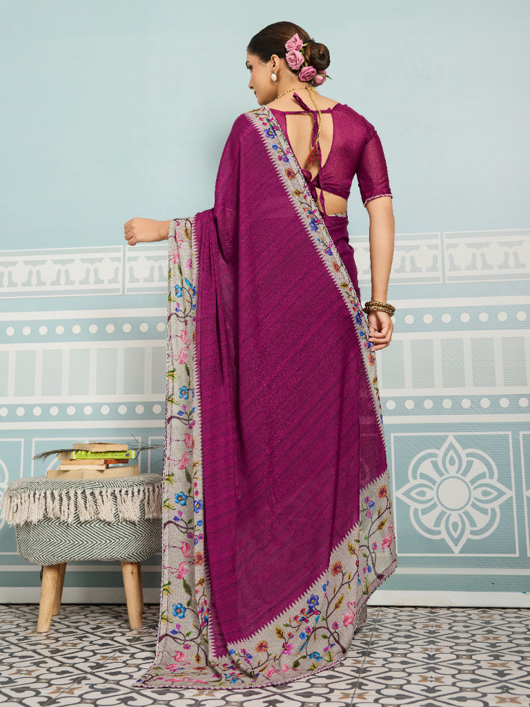 Dark Pink Sparkle Georgette Printed Saree with Beaded Border