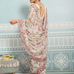 Off-White Sparkle Georgette Printed Saree with Beaded Border sedora couture