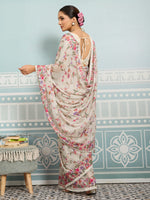 Off-White Sparkle Georgette Printed Saree with Beaded Border sedora couture