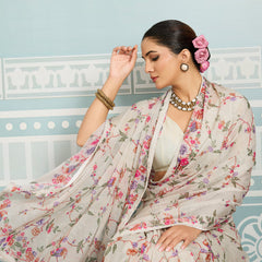 Off-White Sparkle Georgette Printed Saree with Beaded Border sedora couture