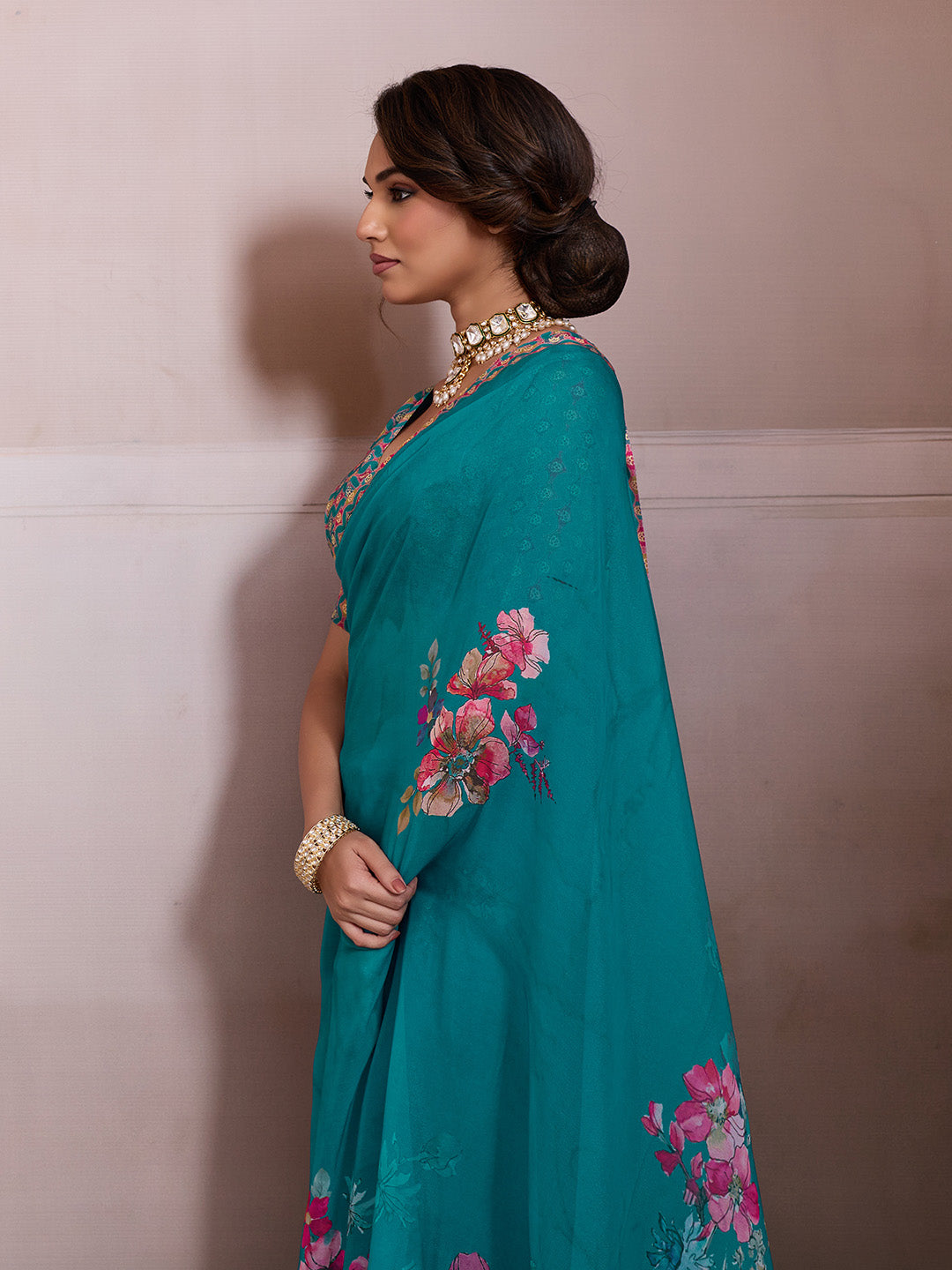 Green Georgette Floral Printed Saree