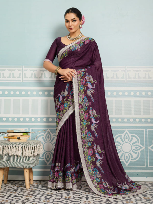 Wine Sparkle Georgette Printed Saree with Beaded Border sedora couture