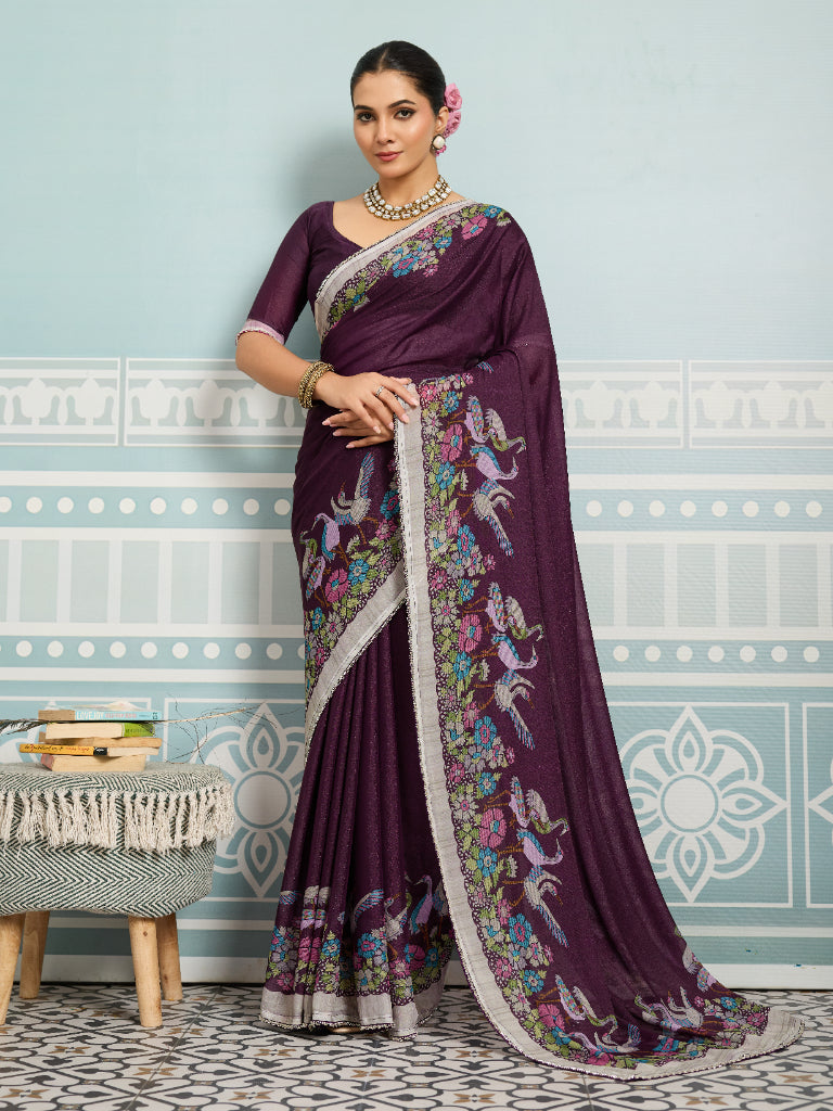 Wine Sparkle Georgette Printed Saree with Beaded Border