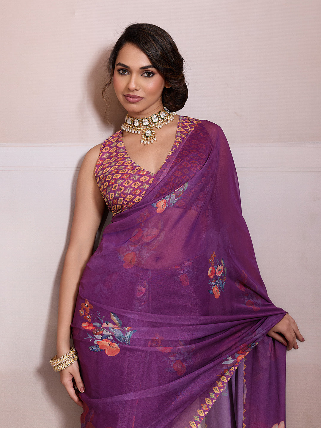 Purple Georgette Floral Printed Saree
