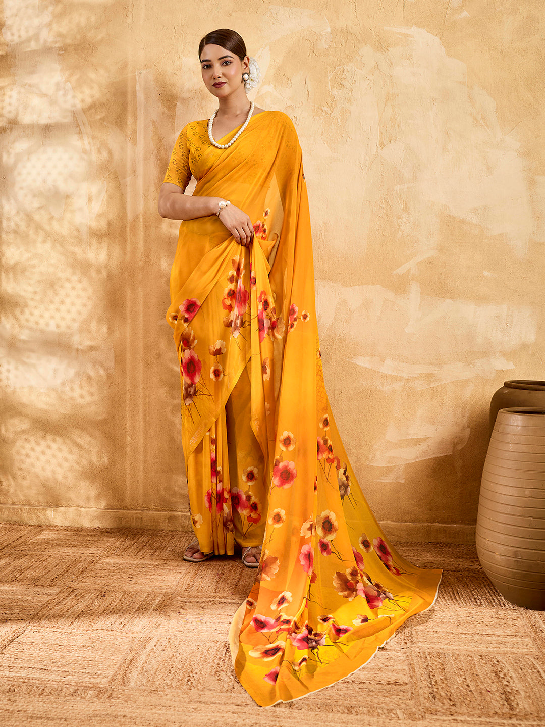 Yellow Geogette Floral Printed Saree