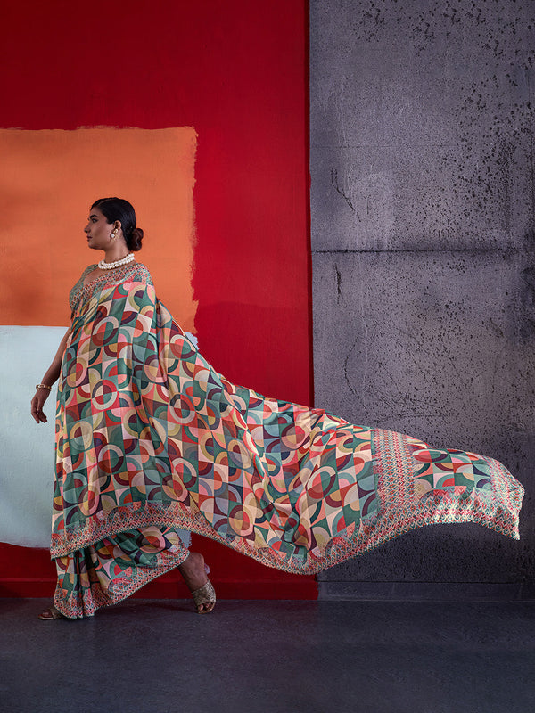 Multi-Colour Cotton Crepe Geometrical Printed Saree sedora couture