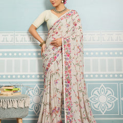 Off-White Sparkle Georgette Printed Saree with Beaded Border sedora couture