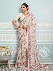 Off-White Sparkle Georgette Printed Saree with Beaded Border sedora couture