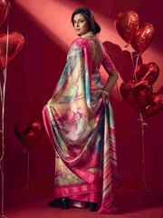 Pink Jacquard Printed Saree with Unstitched Blouse