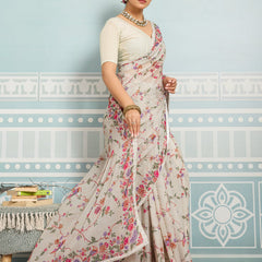 Off-White Sparkle Georgette Printed Saree with Beaded Border sedora couture