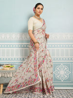 Off-White Sparkle Georgette Printed Saree with Beaded Border sedora couture