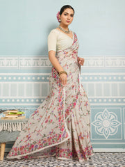Off-White Sparkle Georgette Printed Saree with Beaded Border sedora couture