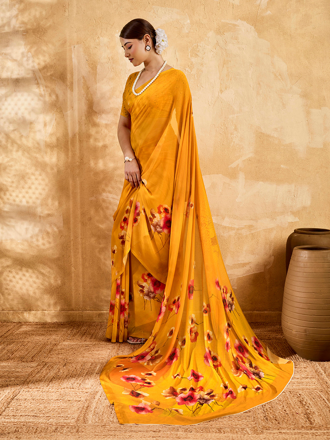 Yellow Geogette Floral Printed Saree