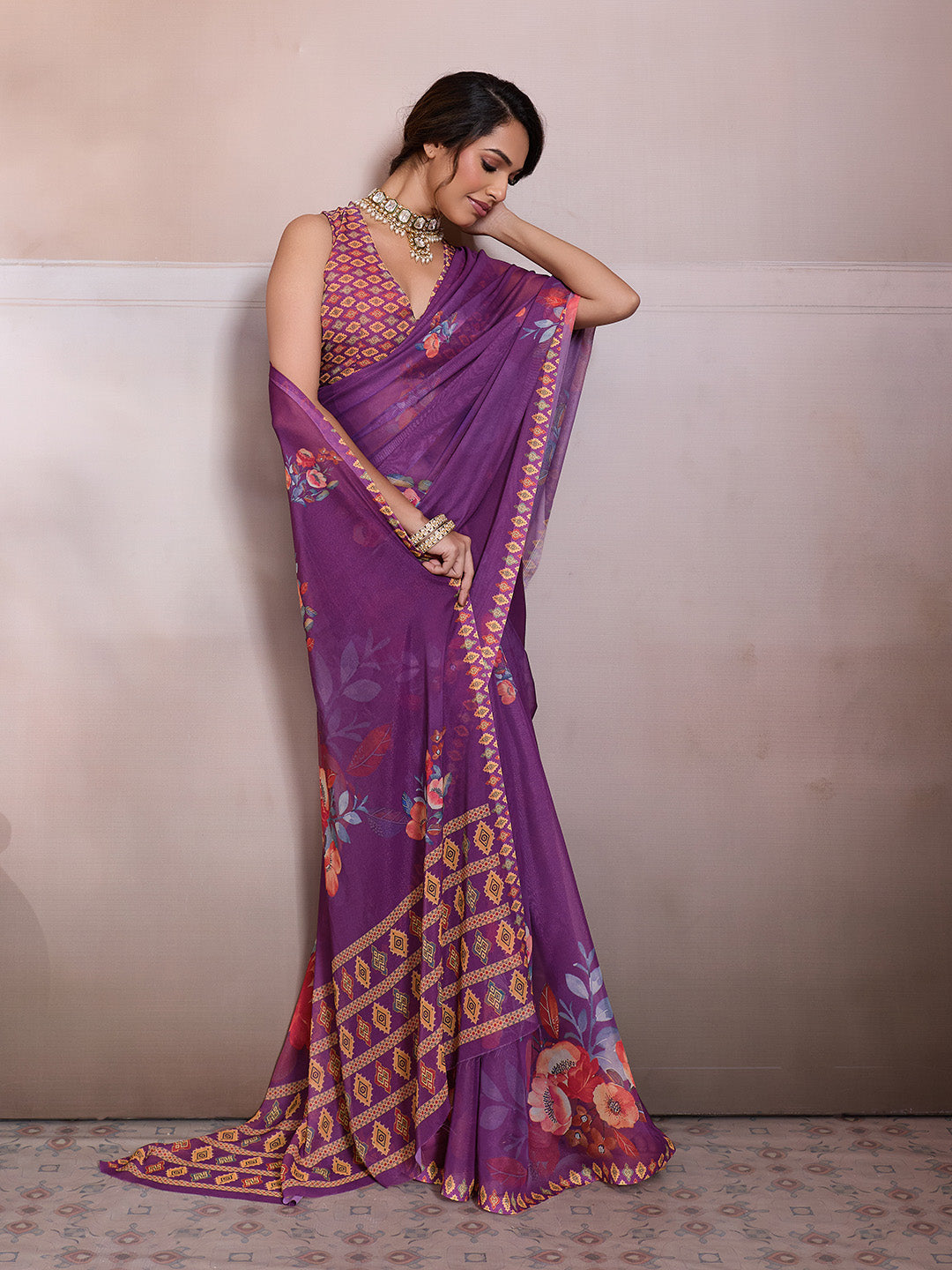 Purple Georgette Floral Printed Saree