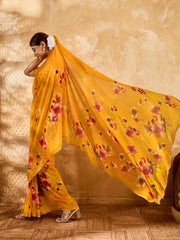 Yellow Geogette Floral Printed Saree