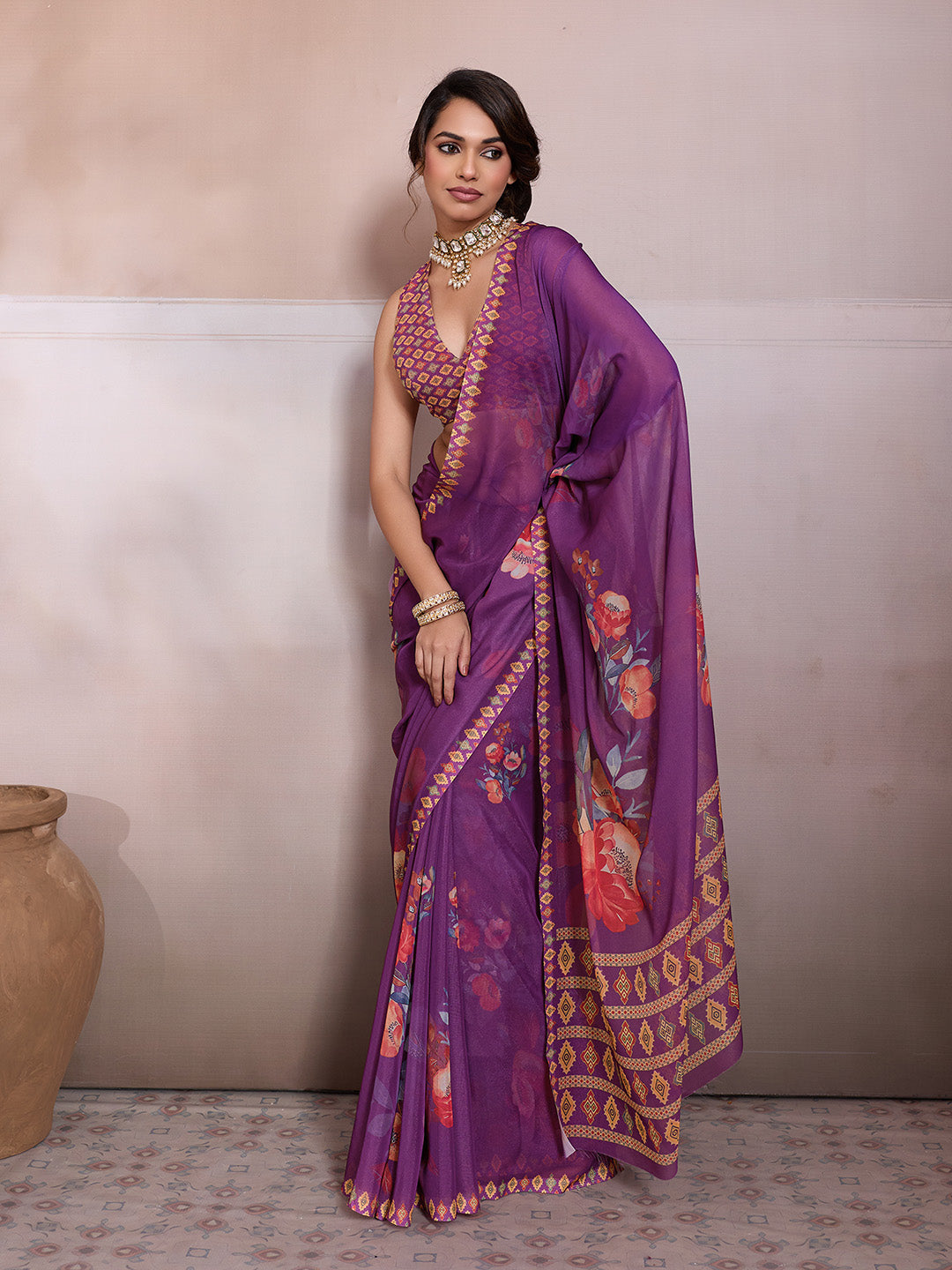 Purple Georgette Floral Printed Saree
