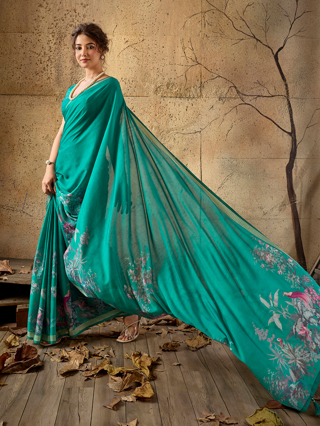 Green Georgette Floral Printed Saree