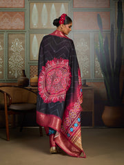 Black Bandhani Jacquard Saree with Magenta Motifs and Zari Border