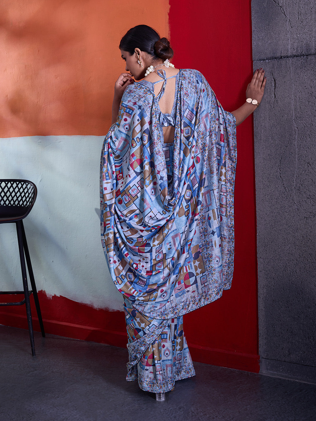 Blue Cotton Crepe Geometrical Printed Saree