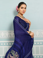 Navy Blue Sparkle Georgette Printed Saree with Beaded Border sedora couture
