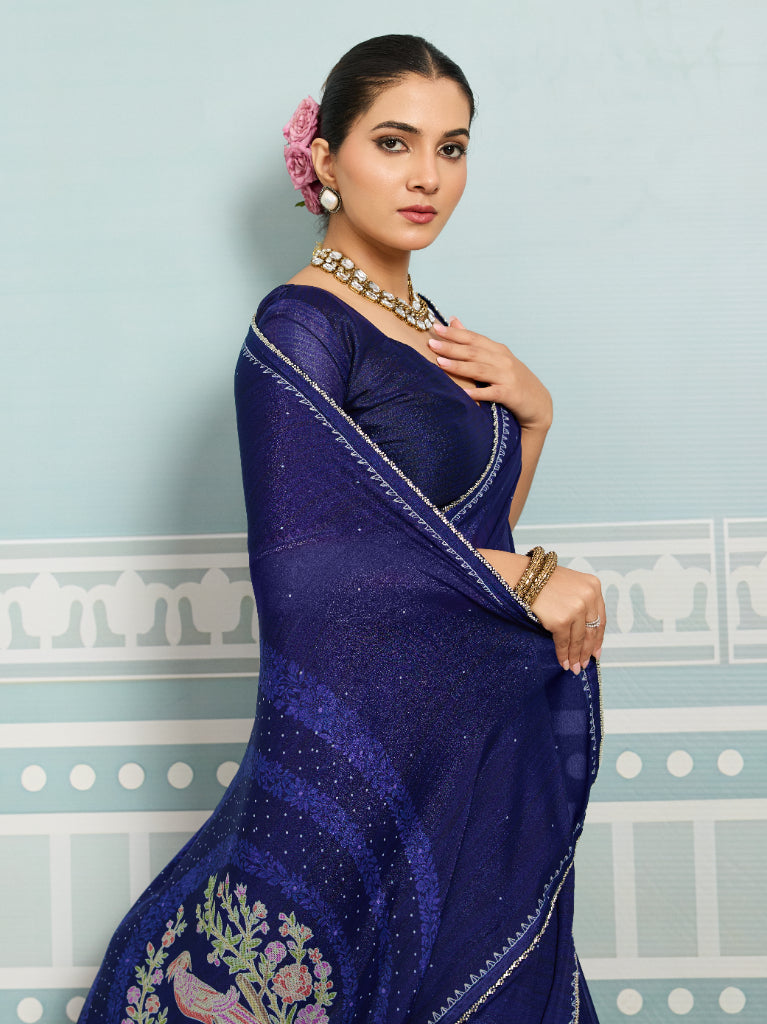 Navy Blue Sparkle Georgette Printed Saree with Beaded Border