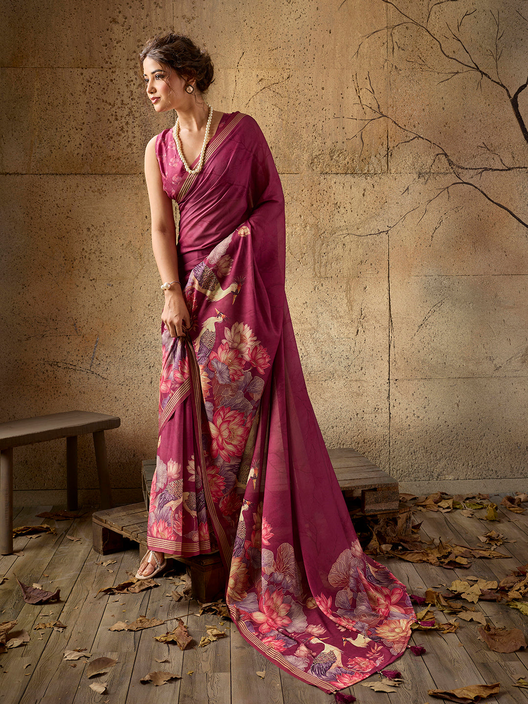 Wine Georgette Floral Printed Saree