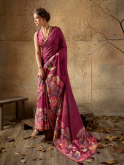 Wine Georgette Floral Printed Saree