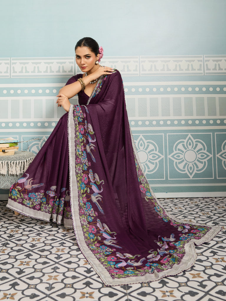 Wine Sparkle Georgette Printed Saree with Beaded Border