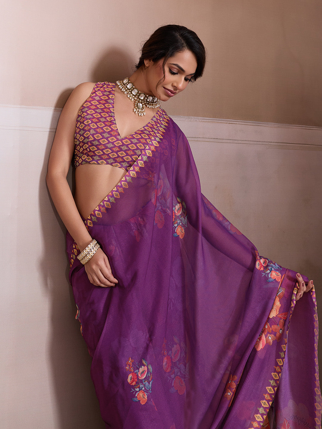 Purple Georgette Floral Printed Saree