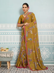 Mustard Sparkle Georgette Printed Saree with Beaded Border sedora couture