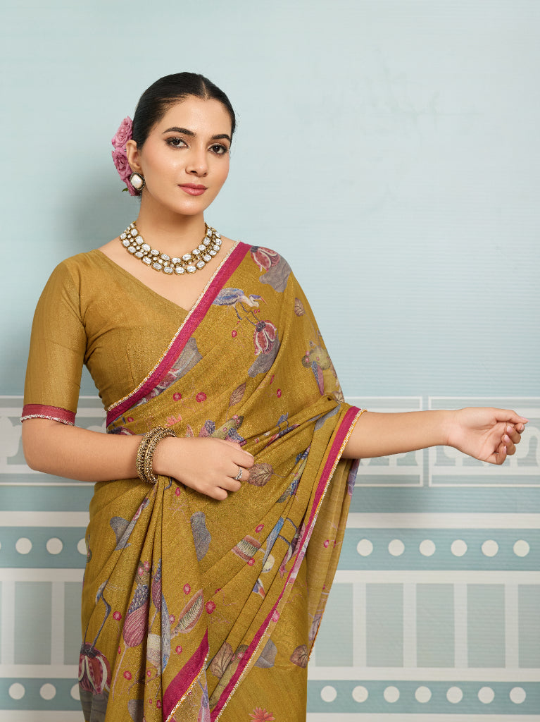 Mustard Sparkle Georgette Printed Saree with Beaded Border