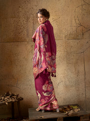 Wine Georgette Floral Printed Saree