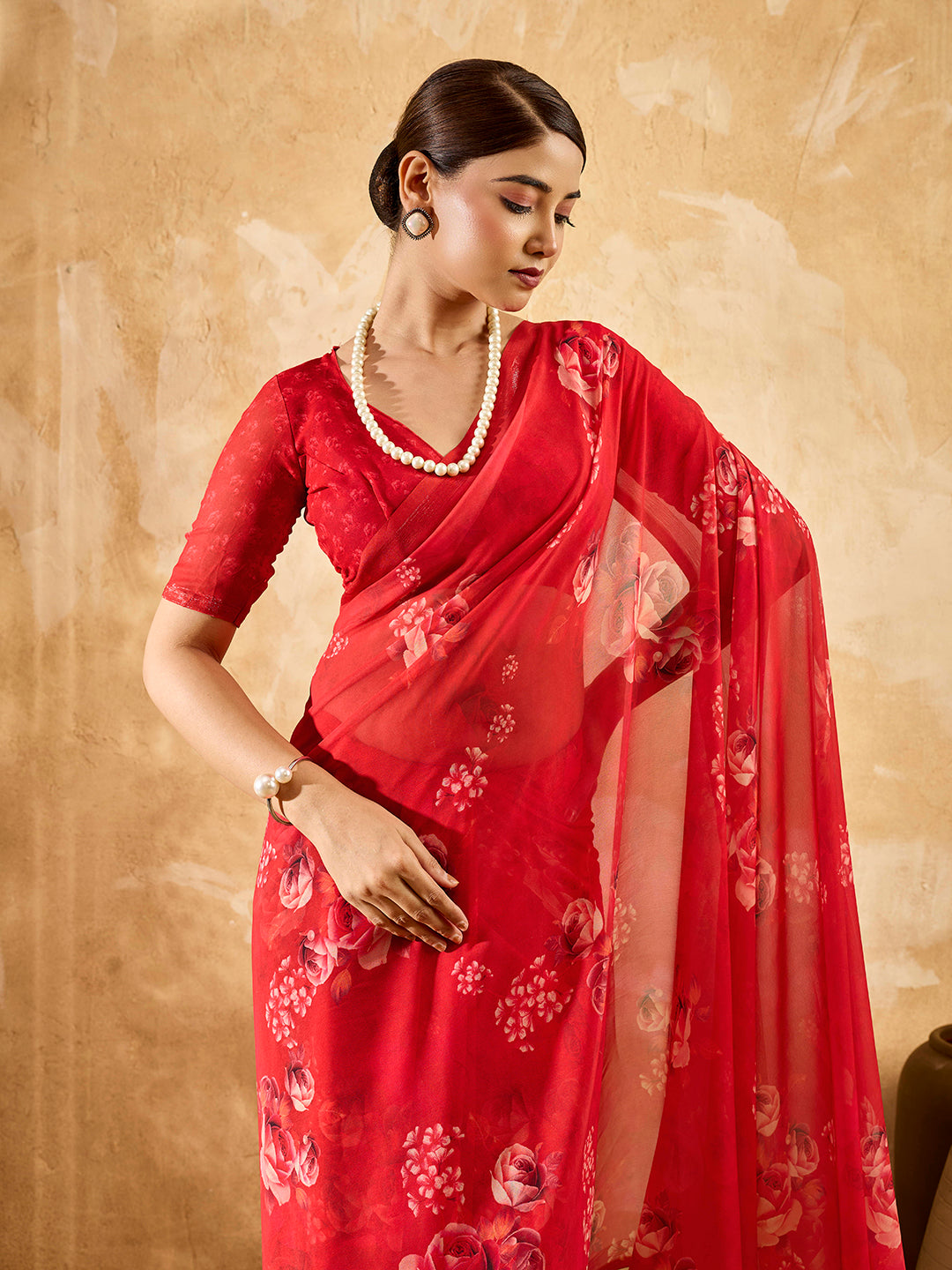Red Geogette Floral Printed Saree