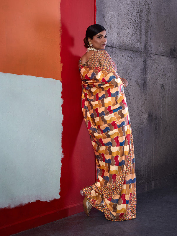 Mustard Cotton Crepe Geometrical Printed Saree sedora couture