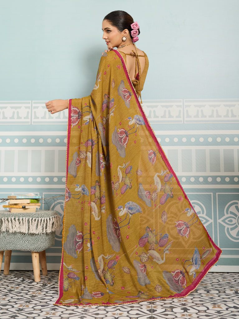 Mustard Sparkle Georgette Printed Saree with Beaded Border