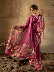 Wine Georgette Floral Printed Saree