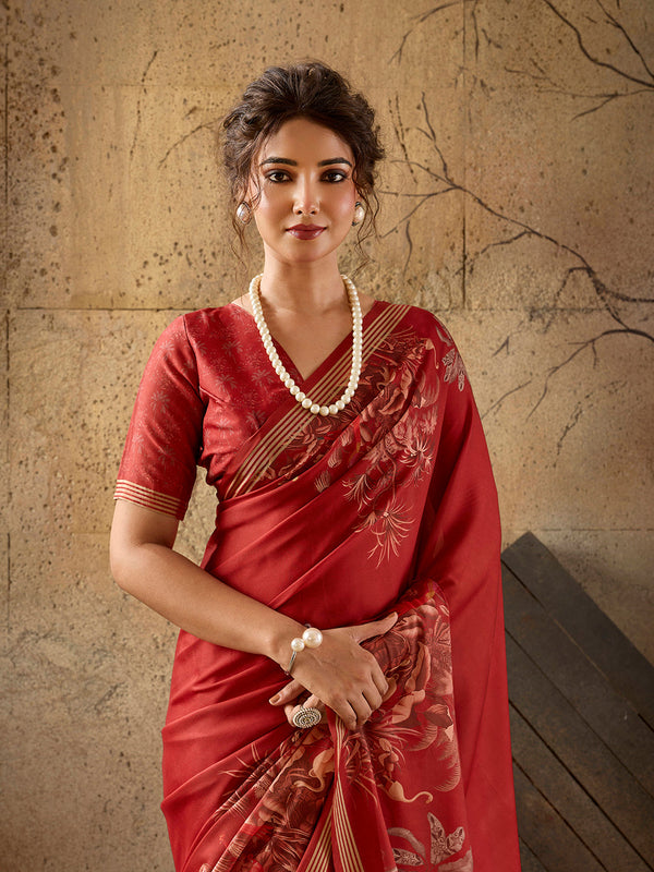 Red Georgette Floral Printed Saree sedora couture