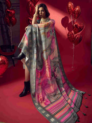 Grey Jacquard Printed Saree with Unstitched Blouse