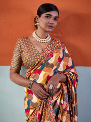 Mustard Cotton Crepe Geometrical Printed Saree