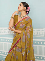Mustard Sparkle Georgette Printed Saree with Beaded Border sedora couture