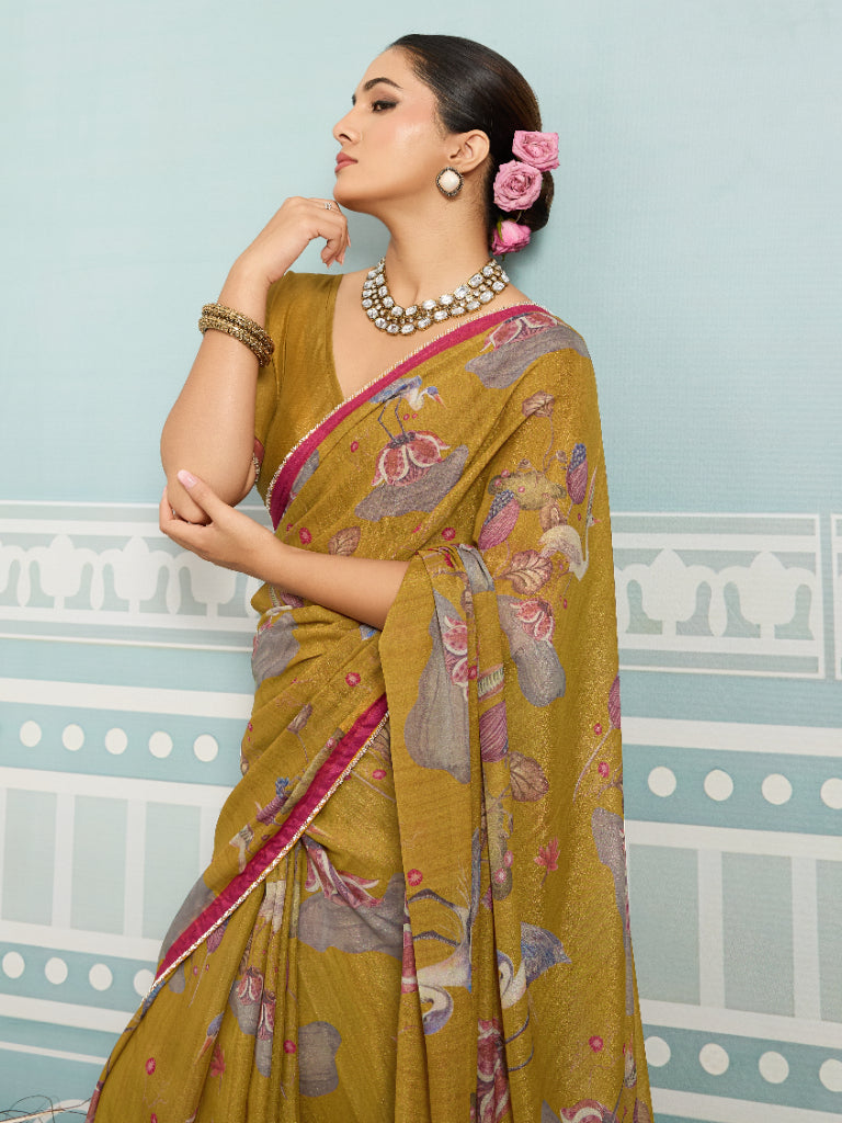 Mustard Sparkle Georgette Printed Saree with Beaded Border