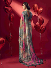 Grey Jacquard Printed Saree with Unstitched Blouse
