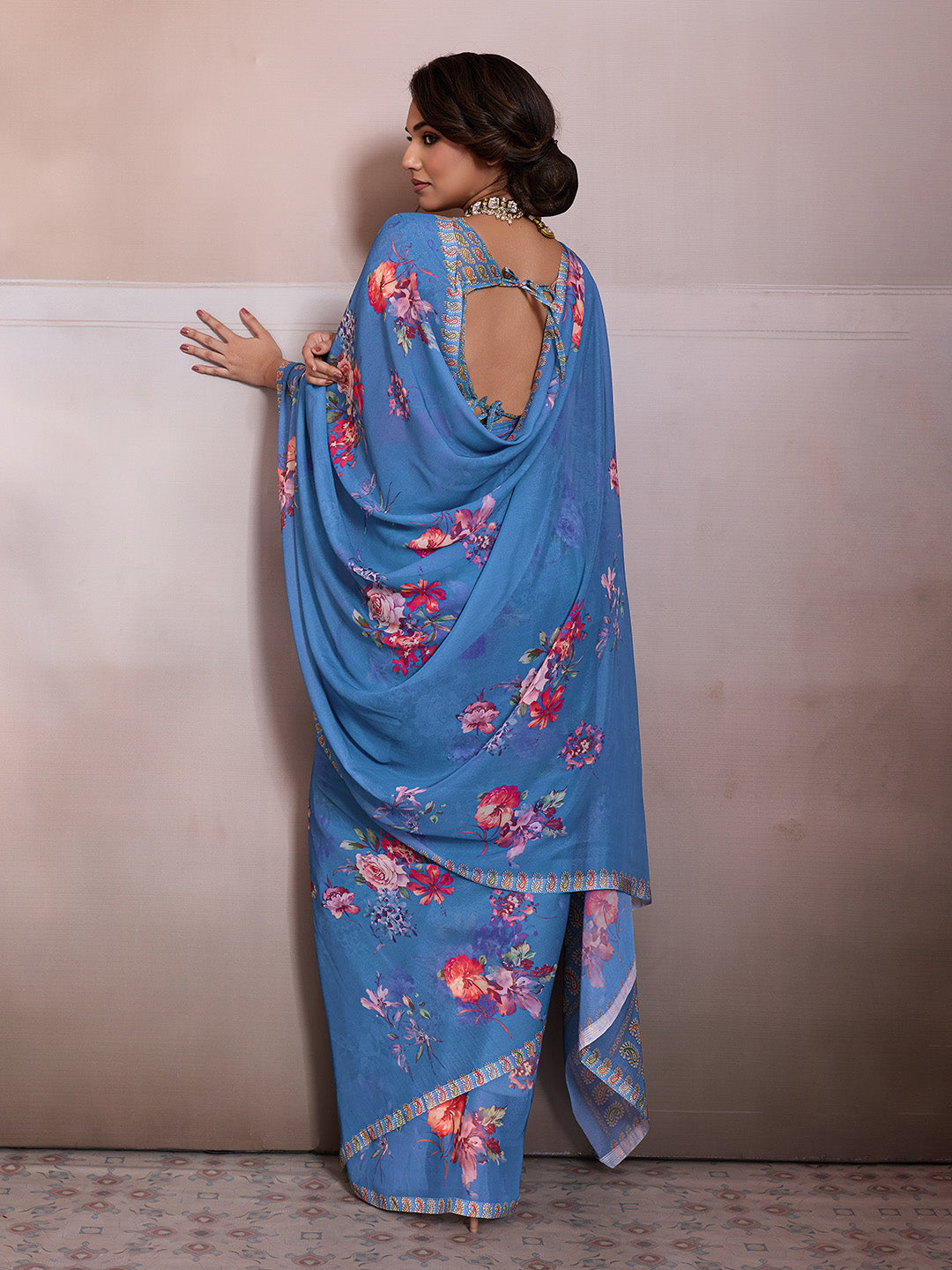 Blue Georgette Floral Printed Saree