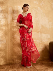Red Geogette Floral Printed Saree