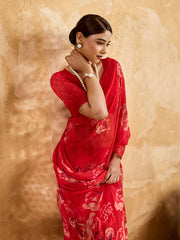 Red Geogette Floral Printed Saree