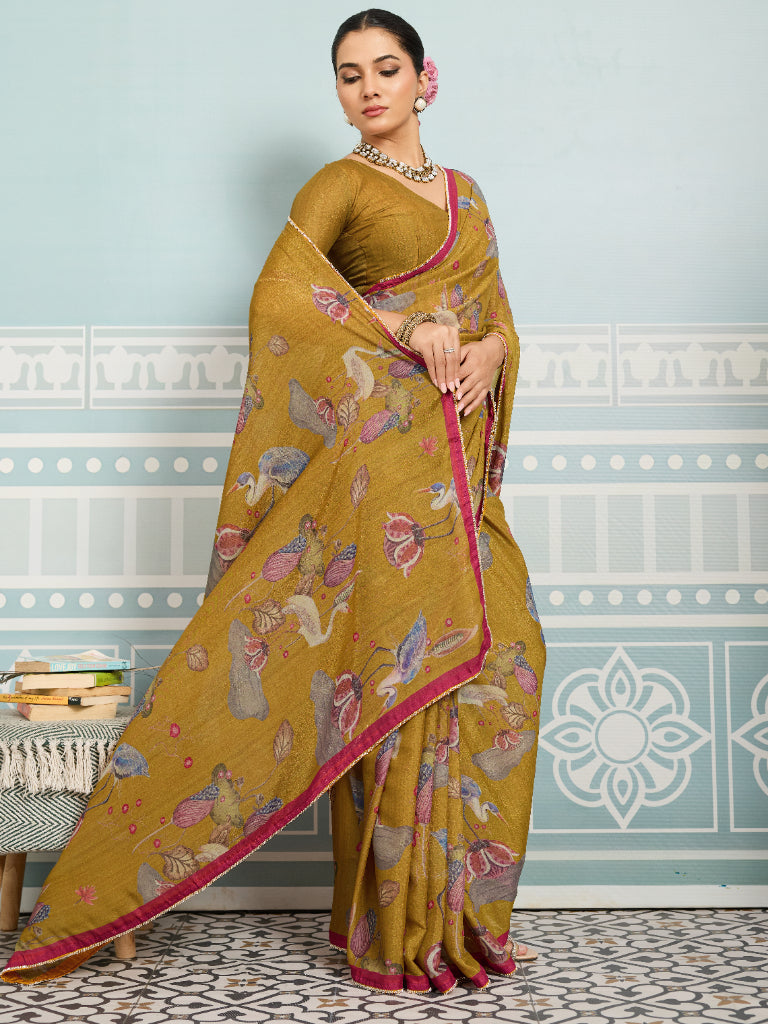 Mustard Sparkle Georgette Printed Saree with Beaded Border