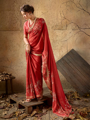 Red Georgette Floral Printed Saree