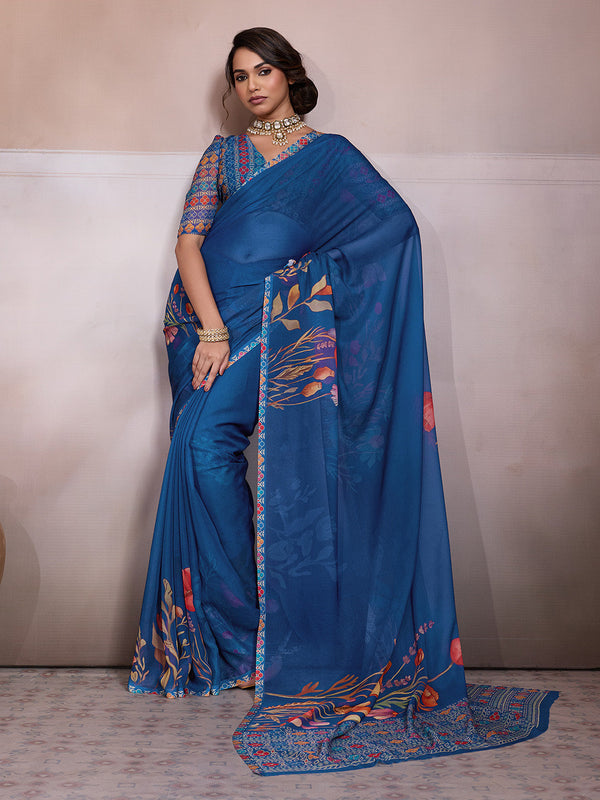Blue Georgette Floral Printed Saree sedora couture